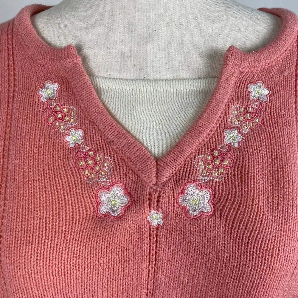 90s Vintage Floral Embroidered Coquette Sweater Peach Pink - Size 2X